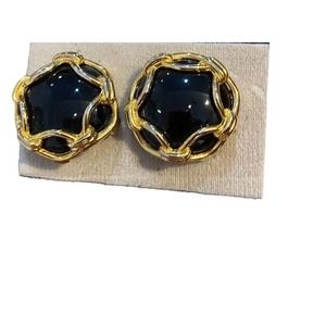 Vintage CAROLEE Signed Black Enamel Round Dome Shape Gold Tone Earrings Clip On